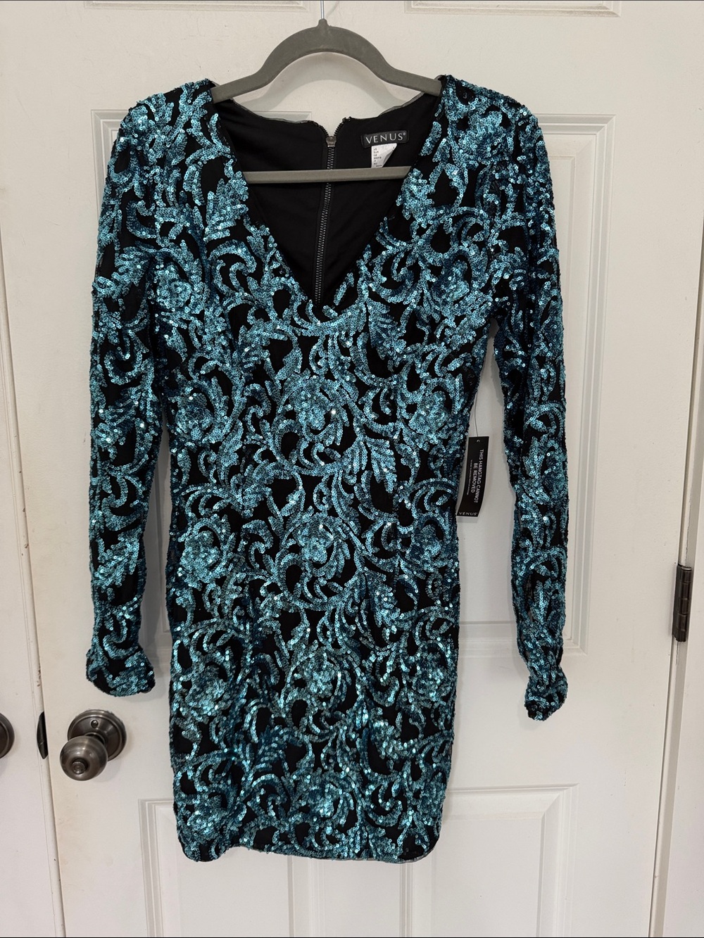 VENUS Teal Sequin V-Neck Long Sleeve Party Dress size 2 NWT